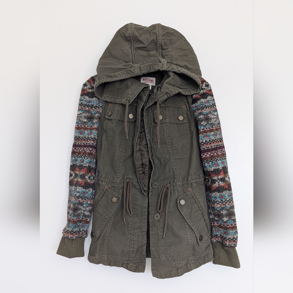 Mossimo Supply Co. Olive Utility Jacket with Patterned Sleeves